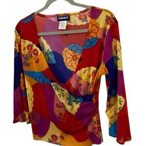 Forenza Mesh Faux Wrap Top Women Size Medium Colorful Floral 3/4 Sleeve Pullover